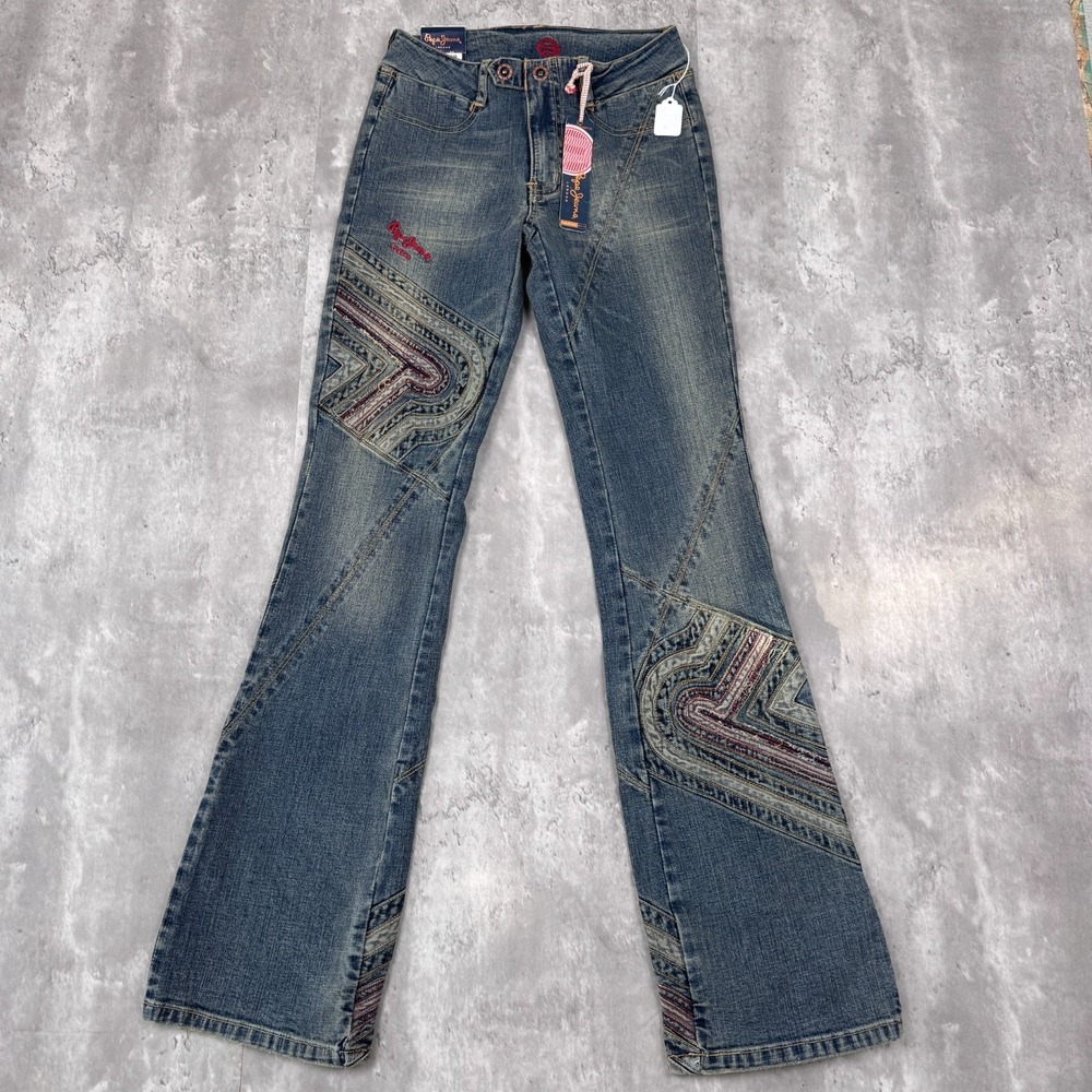 Vintage Pepe Jeans Womens 24 Blue Embroidered Logo Flare Bootcut Y2K Bratz NWT